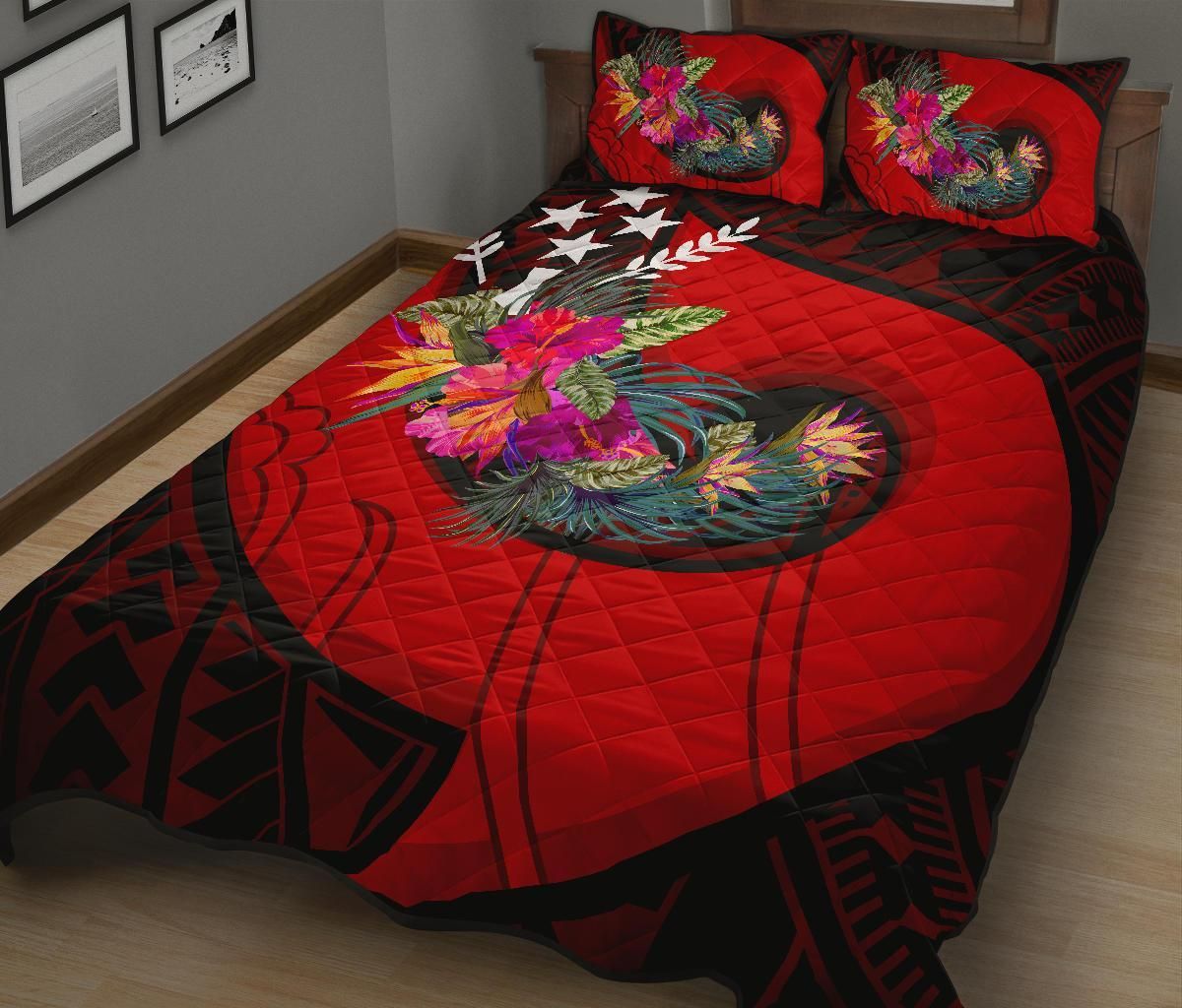 Kosrae Quilt Bed Set - Polynesian Hook And Hibiscus (Red)
