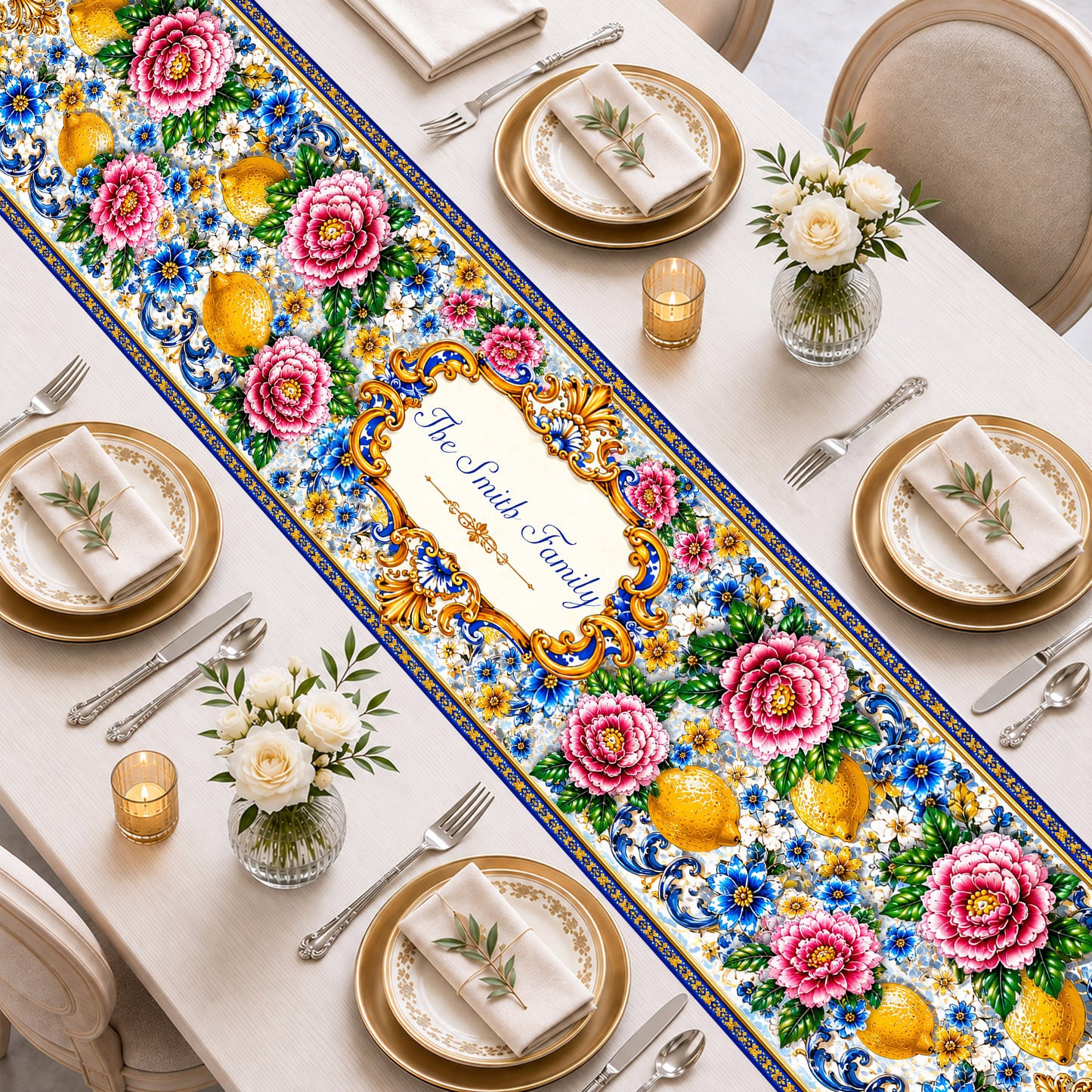 Mediterranean Style & Majolica Print Blue Lemon - Personalized Table Runner