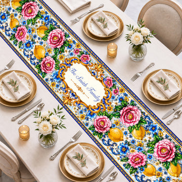 Mediterranean Style & Majolica Print Blue Lemon - Personalized Table Runner