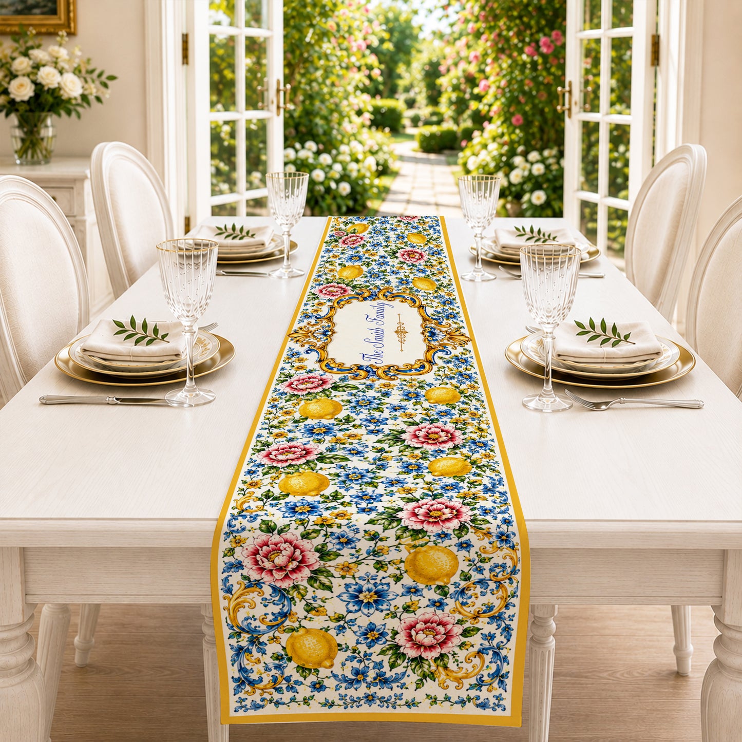 Mediterranean Style & Majolica Print Blue Lemon - Personalized Table Runner