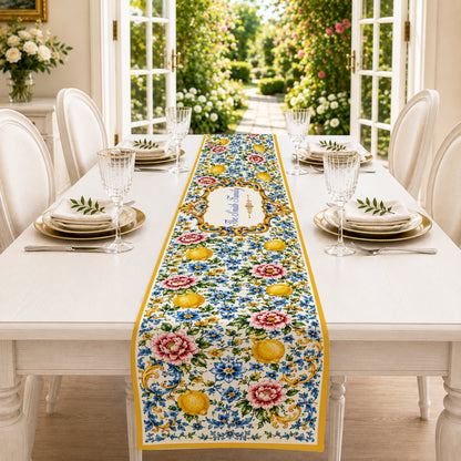 Mediterranean Style & Majolica Print Blue Lemon - Personalized Table Runner