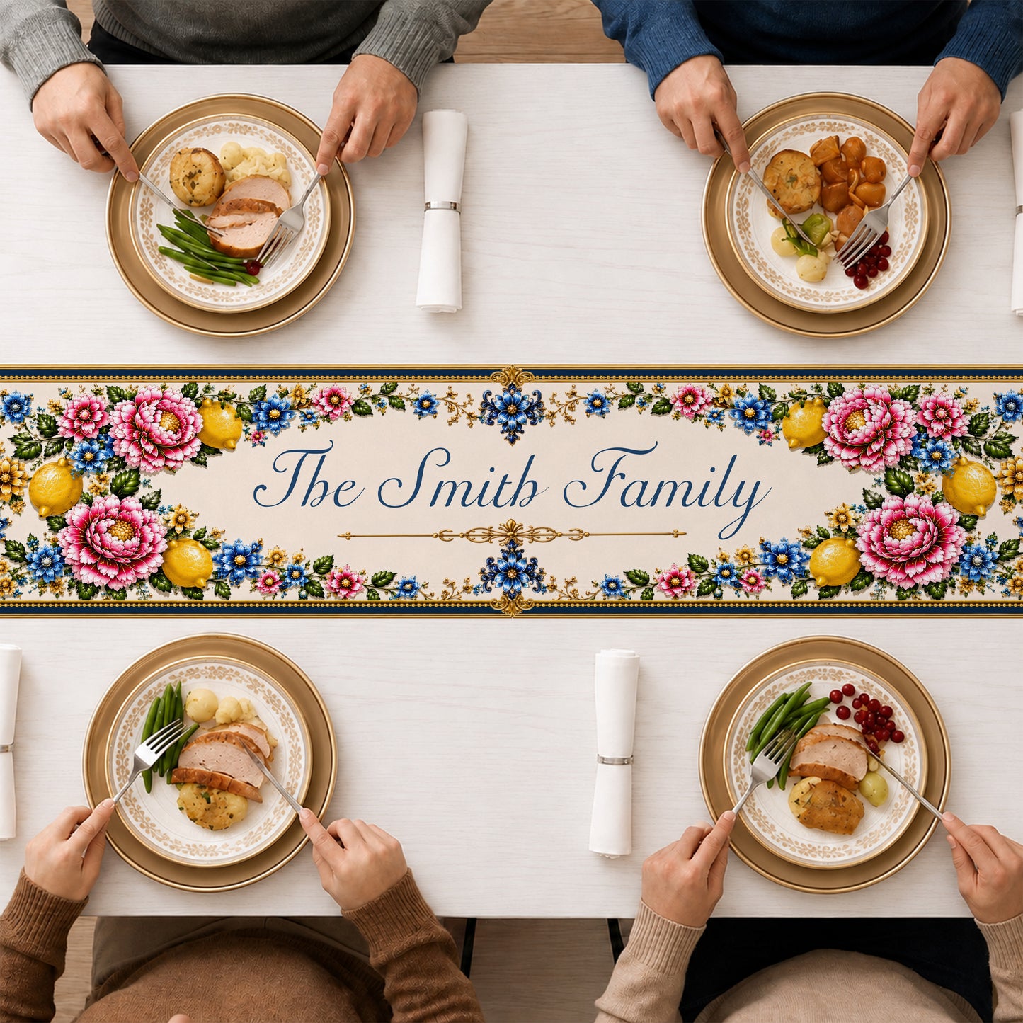 Mediterranean Style & Majolica Print Blue Lemon - Personalized Table Runner