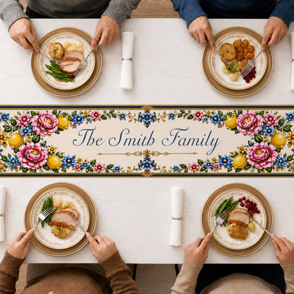 Mediterranean Style & Majolica Print Blue Lemon - Personalized Table Runner