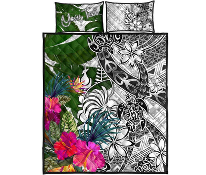New Caledonia Custom Personalised Quilt Bed Set White - Turtle Plumeria Banana Leaf Crest