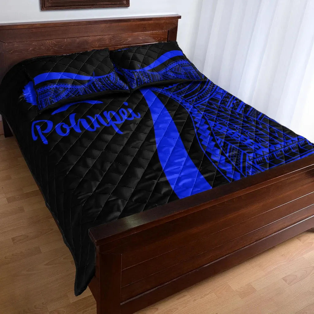 Pohnpei Quilt Bed Set - Blue Polynesian Tentacle Tribal Pattern