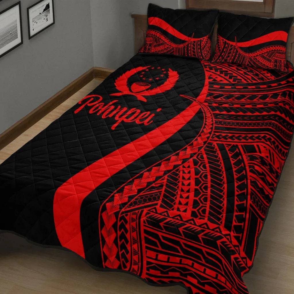 Pohnpei Quilt Bed Set - Red Polynesian Tentacle Tribal Pattern