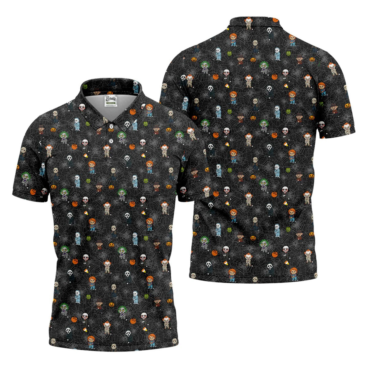 Funny Horror Character Black Golf Polo Shirt, Horror Movie Shirt, Halloween Golf Shirt, Fun Golf Polos For Men