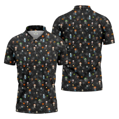 Funny Horror Character Black Golf Polo Shirt, Horror Movie Shirt, Halloween Golf Shirt, Fun Golf Polos For Men