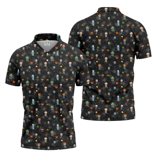 Funny Horror Character Black Golf Polo Shirt, Horror Movie Shirt, Halloween Golf Shirt, Fun Golf Polos For Men