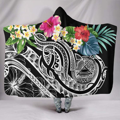 Polynesian American Samoa Hooded Blanket - Summer Plumeria (Black)-Myprintsy