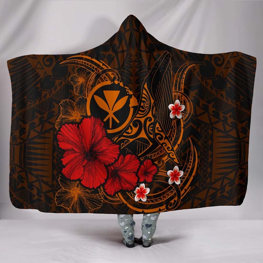 Polynesian Hawaii Kanaka Maoli Hooded Blanket - Humpback Whale with Hibiscus (Golden)-Myprintsy
