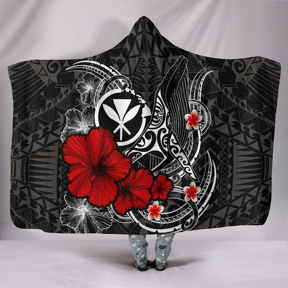 Polynesian Hawaii Kanaka Maoli Hooded Blanket - Humpback Whale with Hibiscus (White)