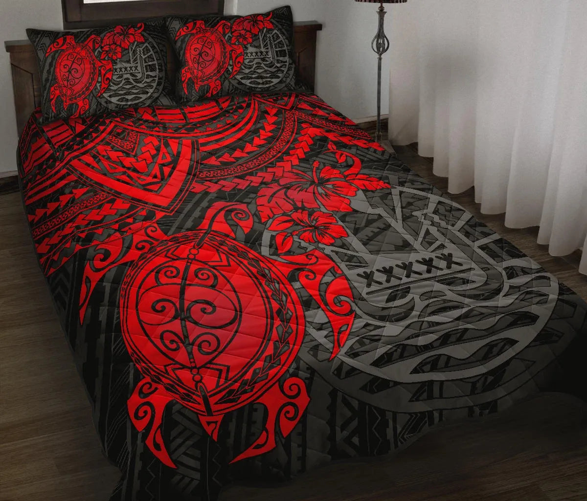 Tahiti Polynesian Quilt Bed Set - Tahiti Flag & Red Turtle Hibiscus Premium