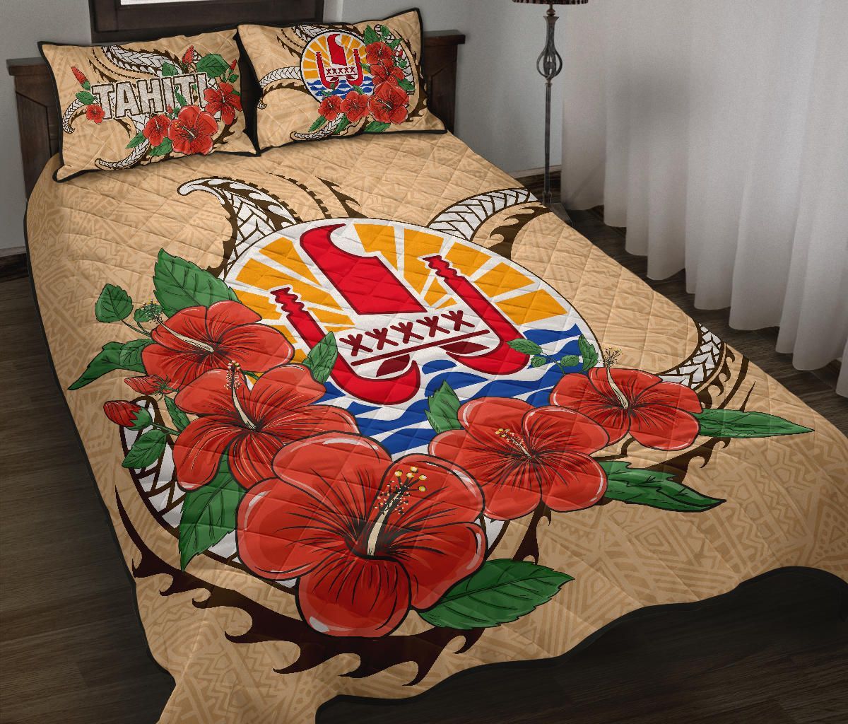 Tahiti Polynesian Quilt Bed Set - Hibiscus Coat of Arm Beige