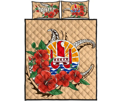 Tahiti Polynesian Quilt Bed Set - Hibiscus Coat of Arm Beige
