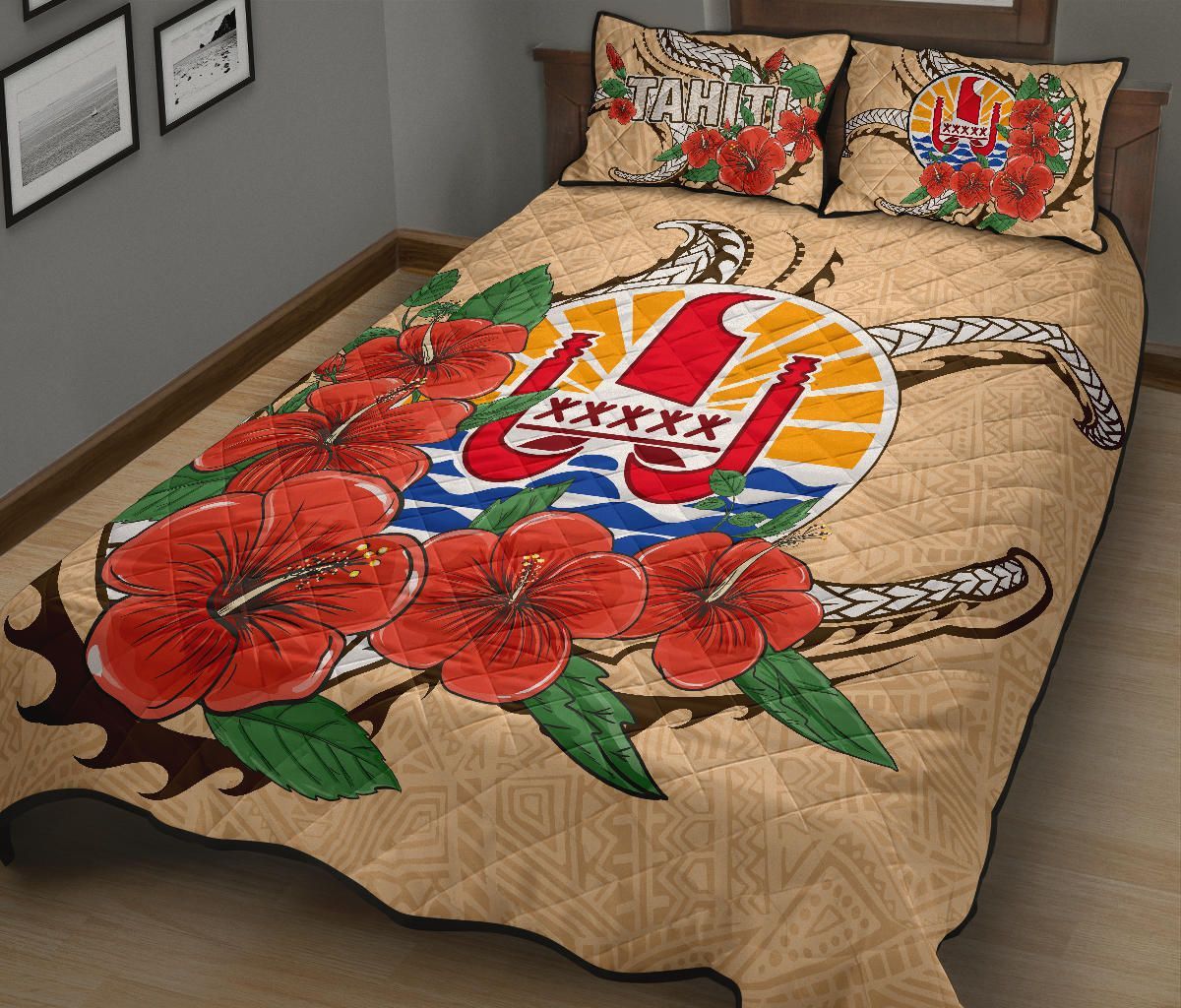 Tahiti Polynesian Quilt Bed Set - Hibiscus Coat of Arm Beige