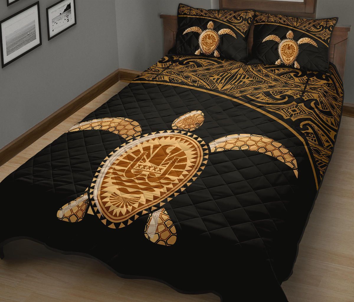 Tahiti Polynesian Quilt Bed Set - Tahiti Flag Turtle Gold Curve Style