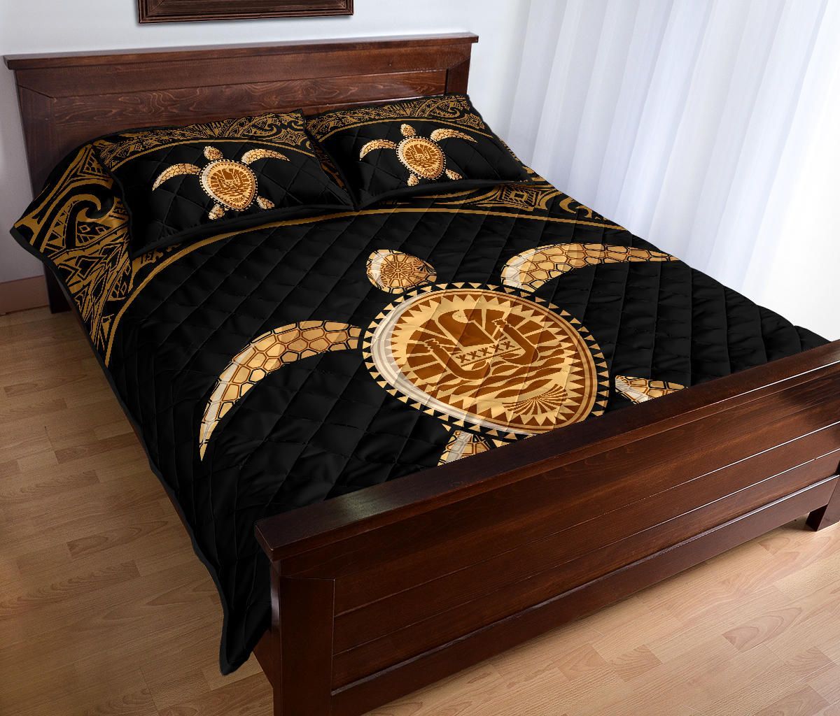 Tahiti Polynesian Quilt Bed Set - Tahiti Flag Turtle Gold Curve Style