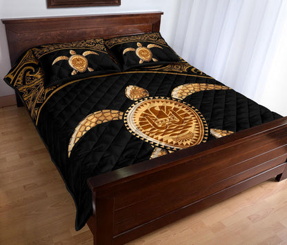 Tahiti Polynesian Quilt Bed Set - Tahiti Flag Turtle Gold Curve Style
