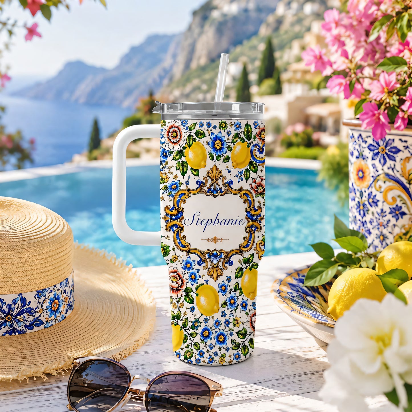 Mediterranean Style & Majolica Print - Personalized 40oz Tumbler With Straw - Travelling Tumbler