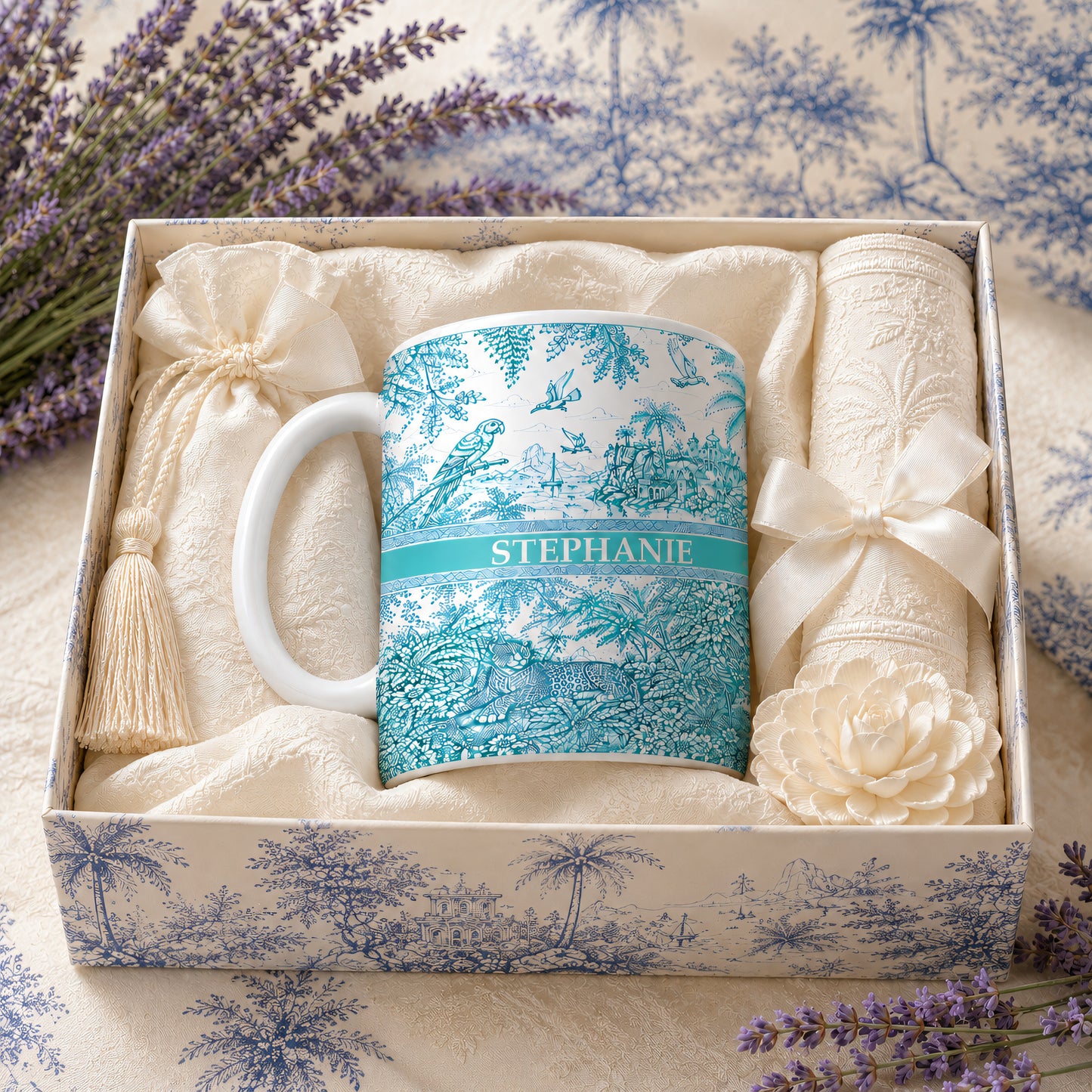 French Riviera Collection & Toile De Jouy Pattern Aquamarina - Personalized Accent Mug