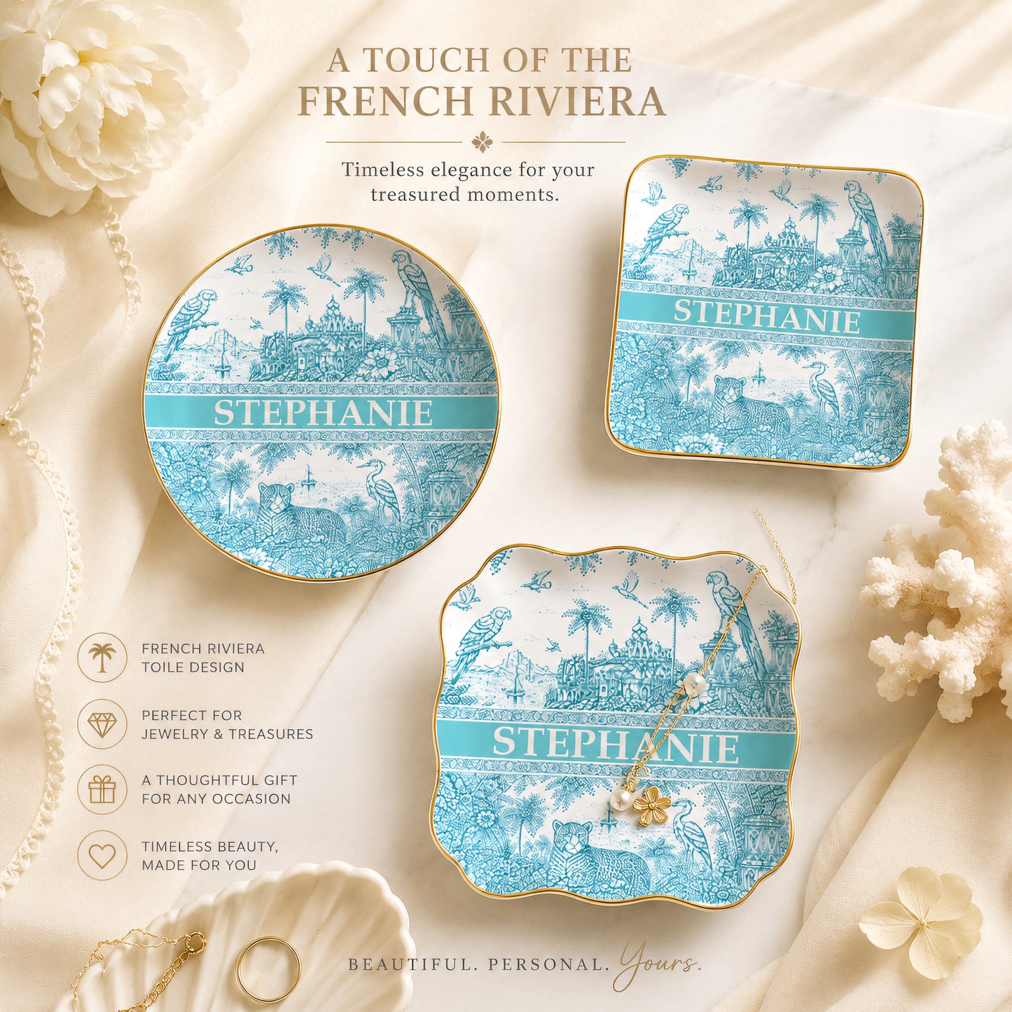 French Riviera Collection & Toile De Jouy Pattern Aquamarina - Personalized Jewelry Dish (Full Print)