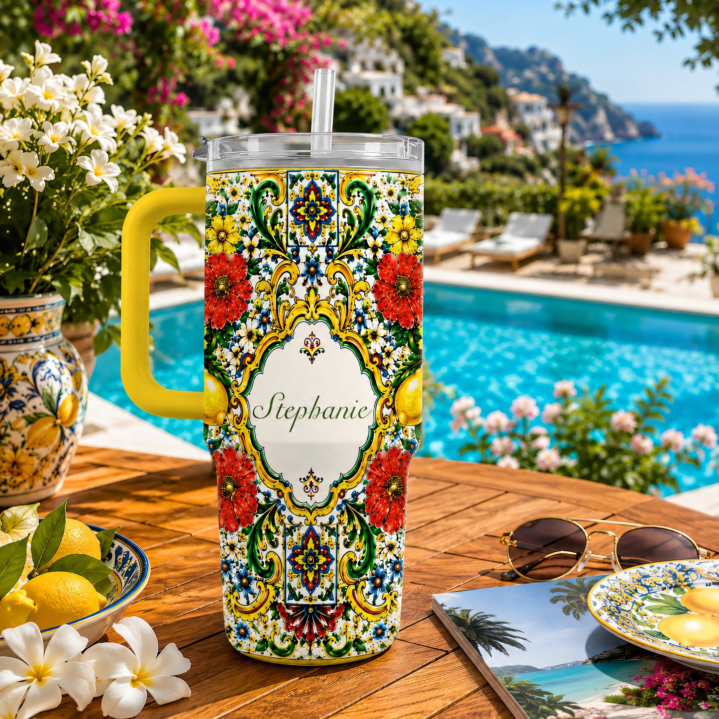 Mediterranean Style & Majolica Print La Dolce Vita - Personalized 40oz Tumbler With Straw