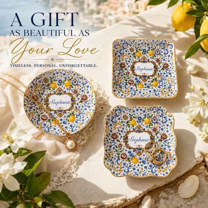 Mediterranean Style & Majolica Print Blue Lemon - Personalized Jewelry Dish (Full Print)