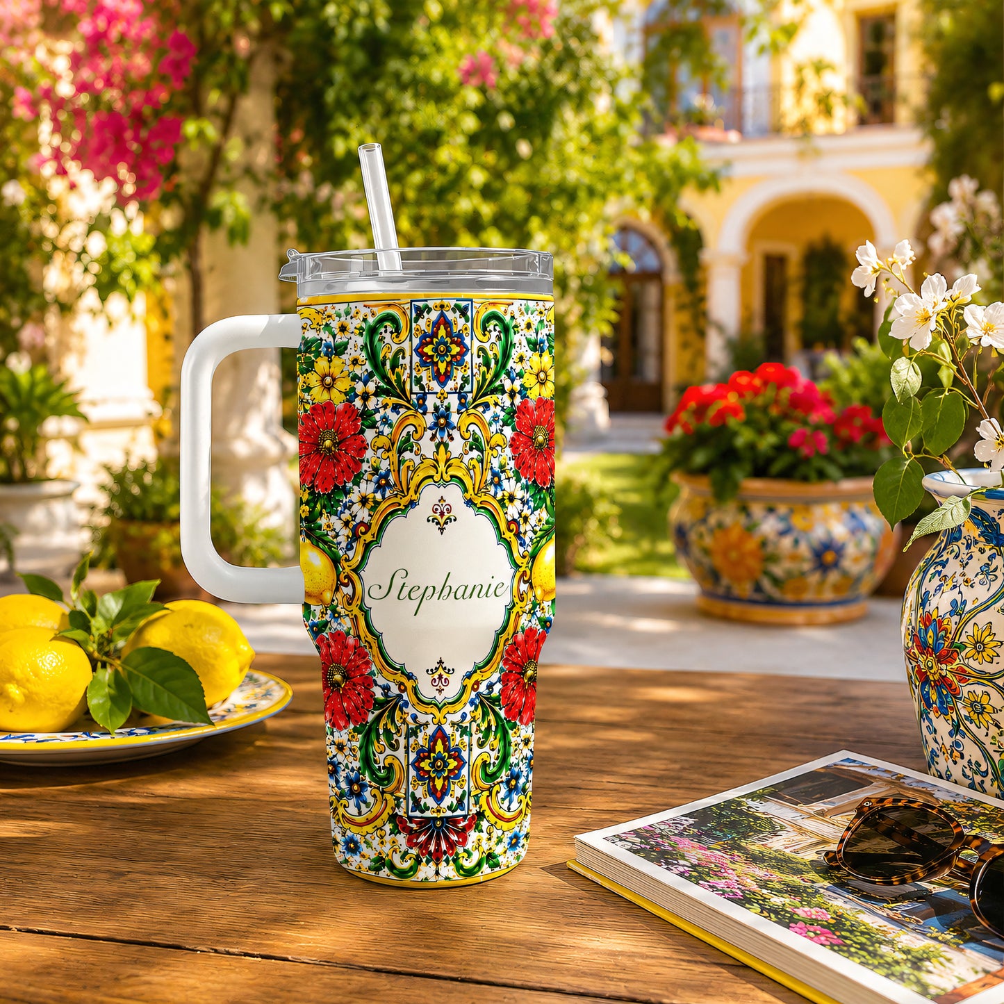 Mediterranean Style & Majolica Print La Dolce Vita - Personalized 40oz Tumbler With Straw