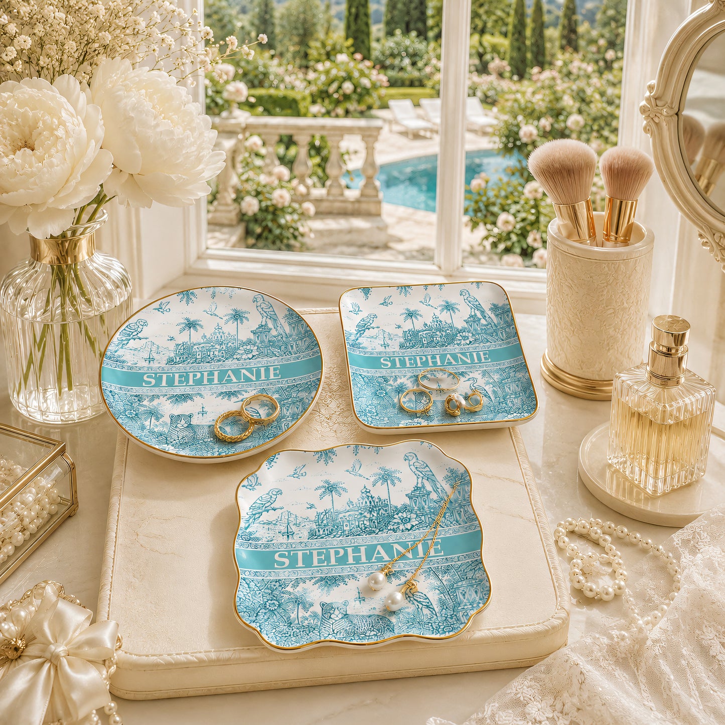 French Riviera Collection & Toile De Jouy Pattern Aquamarina - Personalized Jewelry Dish (Full Print)