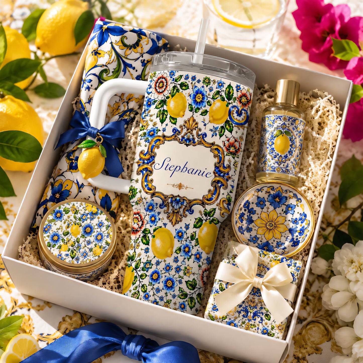 Mediterranean Style & Majolica Print - Personalized 40oz Tumbler With Straw - Travelling Tumbler