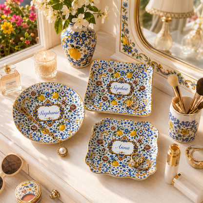 Mediterranean Style & Majolica Print Blue Lemon - Personalized Jewelry Dish (Full Print)