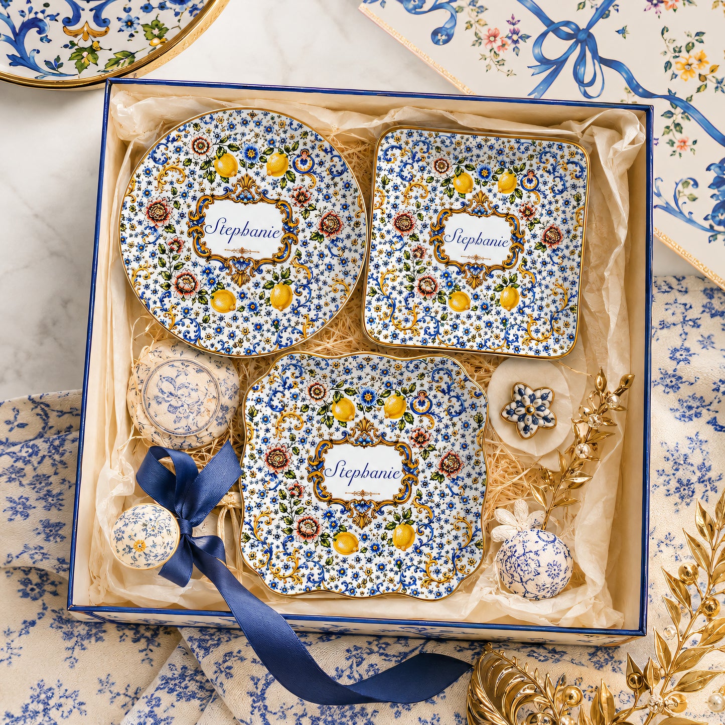 Mediterranean Style & Majolica Print Blue Lemon - Personalized Jewelry Dish (Full Print)