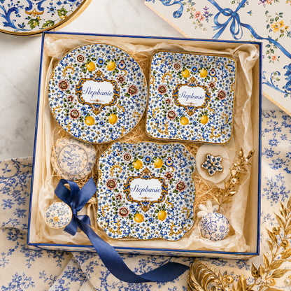 Mediterranean Style & Majolica Print Blue Lemon - Personalized Jewelry Dish (Full Print)
