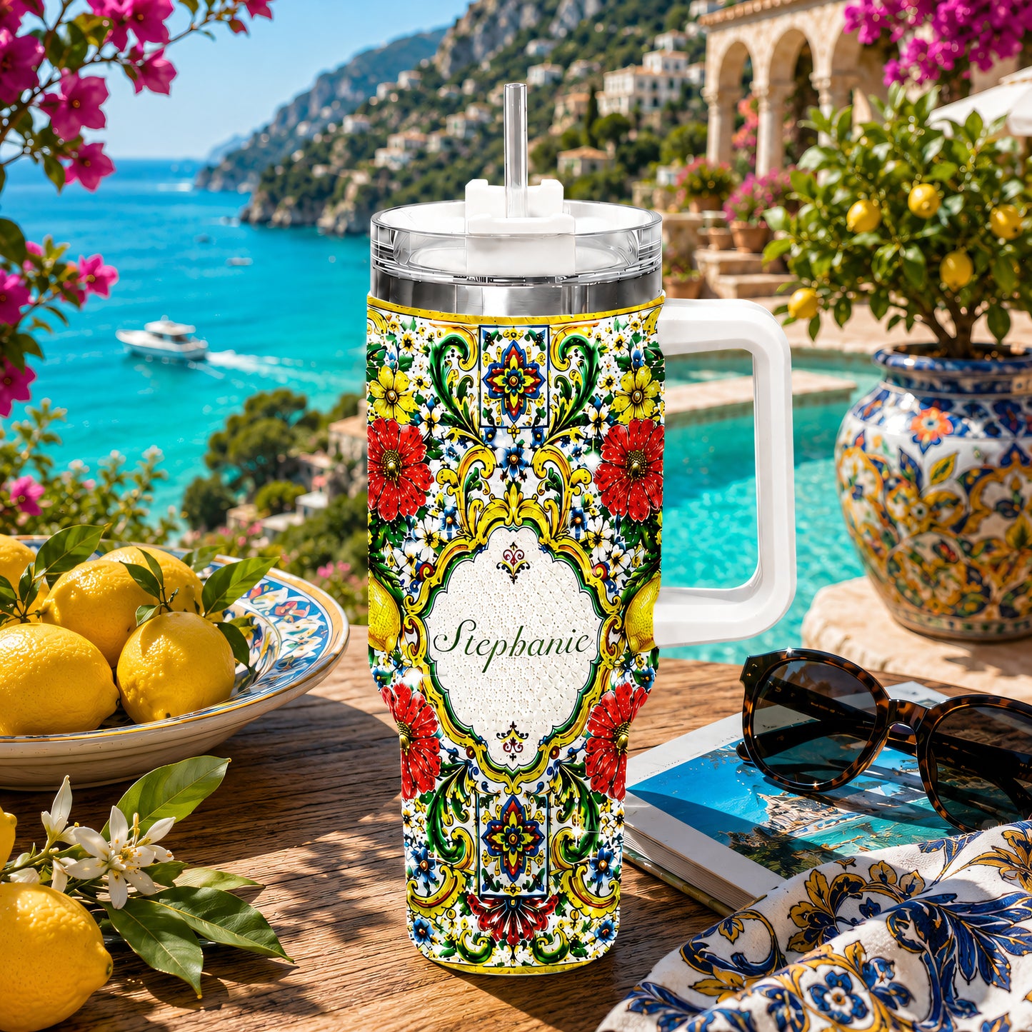 Mediterranean Style & Majolica Print La Dolce Vita - Personalized 40oz Tumbler With Straw