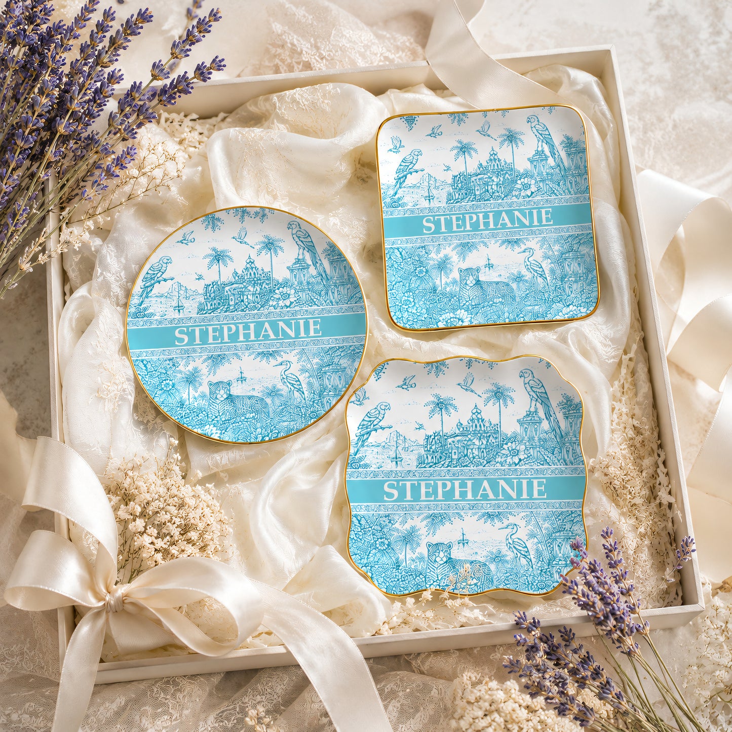 French Riviera Collection & Toile De Jouy Pattern Aquamarina - Personalized Jewelry Dish (Full Print)