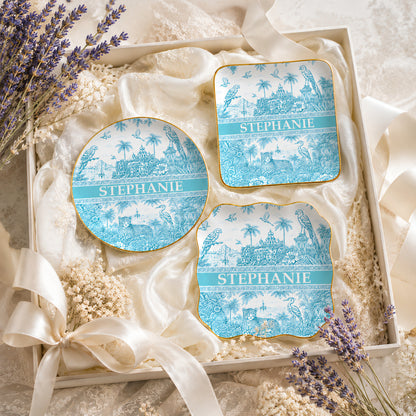 French Riviera Collection & Toile De Jouy Pattern Aquamarina - Personalized Jewelry Dish (Full Print)