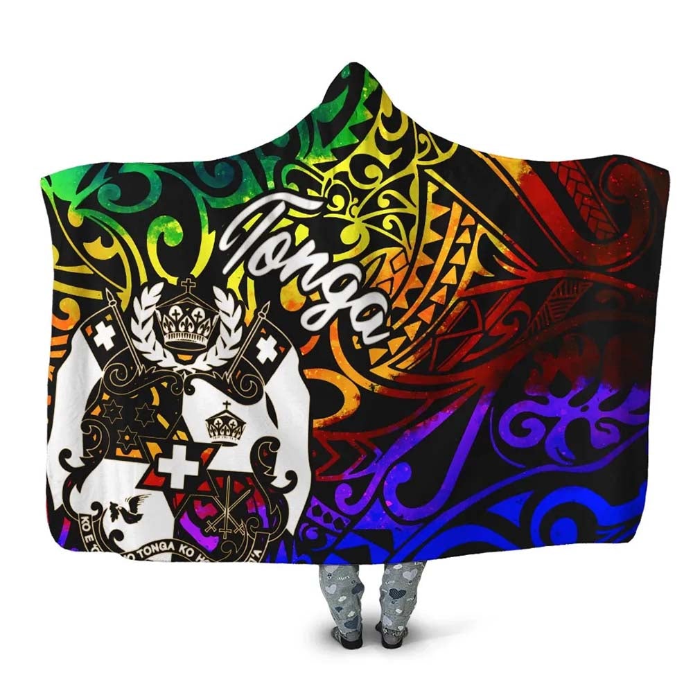 Tonga Hooded Blanket - Rainbow Polynesian Pattern