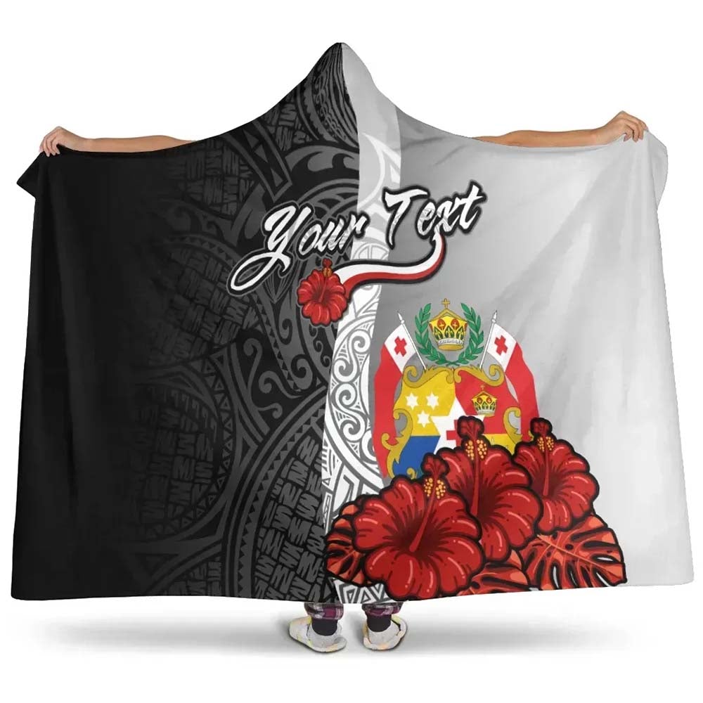 Tonga Polynesian Custom Personalised Hooded Blanket- Coat Of Arm With Hibiscus White