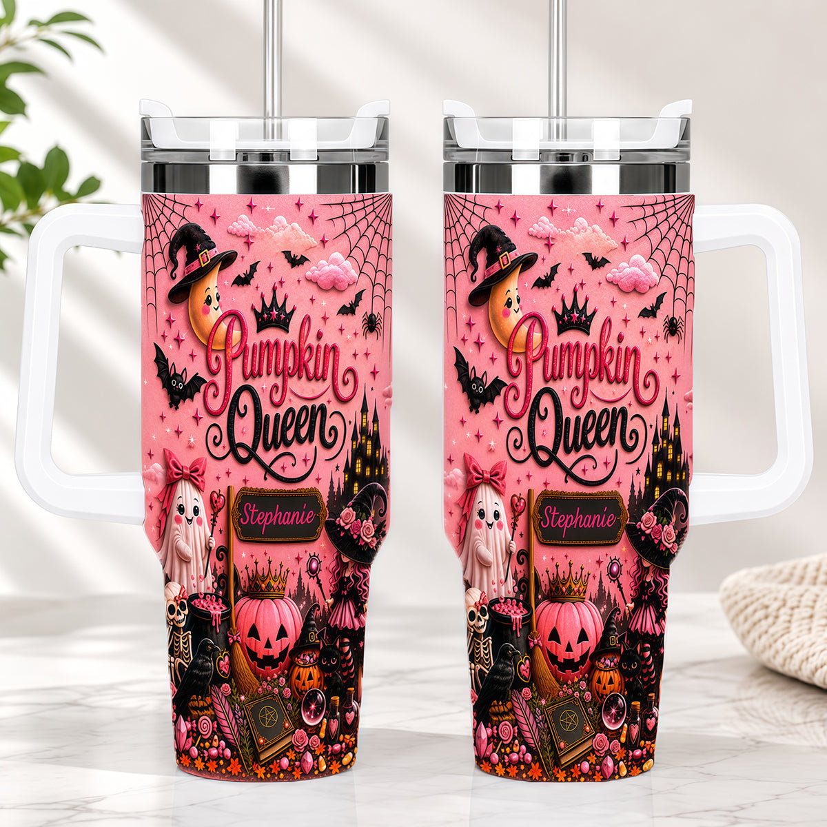 Pumpkin Queen - Personalized Pink Halloween 40oz Tumbler With Straw