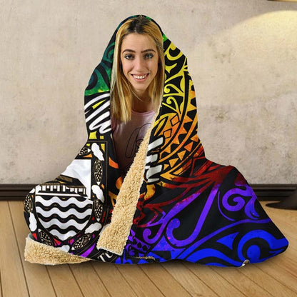 Tuvalu Hooded Blanket - Rainbow Polynesian Pattern