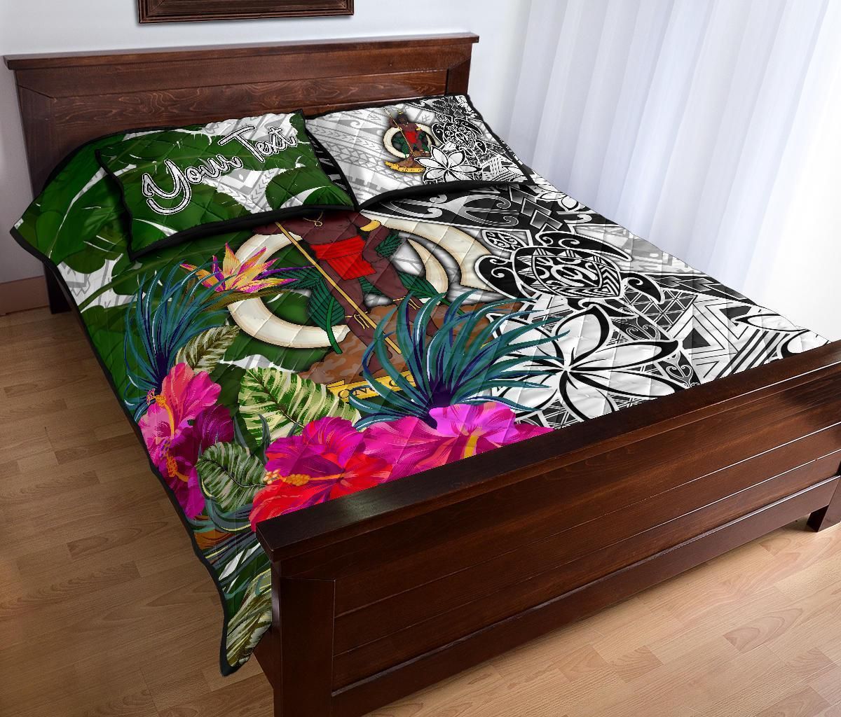 Vanuatu Custom Personalised Quilt Bed Set White - Turtle Plumeria Banana Leaf