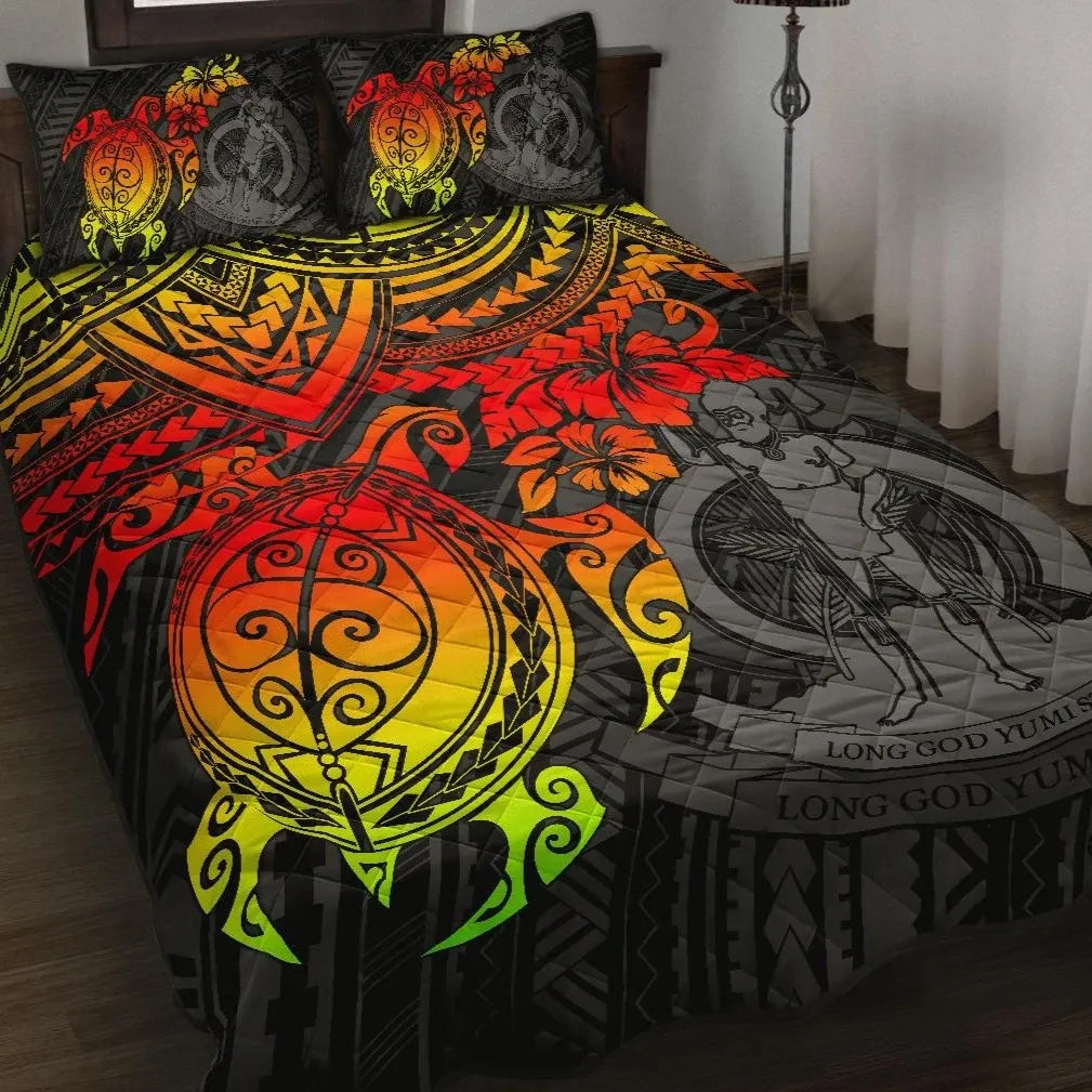 Vanuatu Polynesian Quilt Bed Set - Vanuatu Coat Of Arms & Reggae Turtle Hibiscus