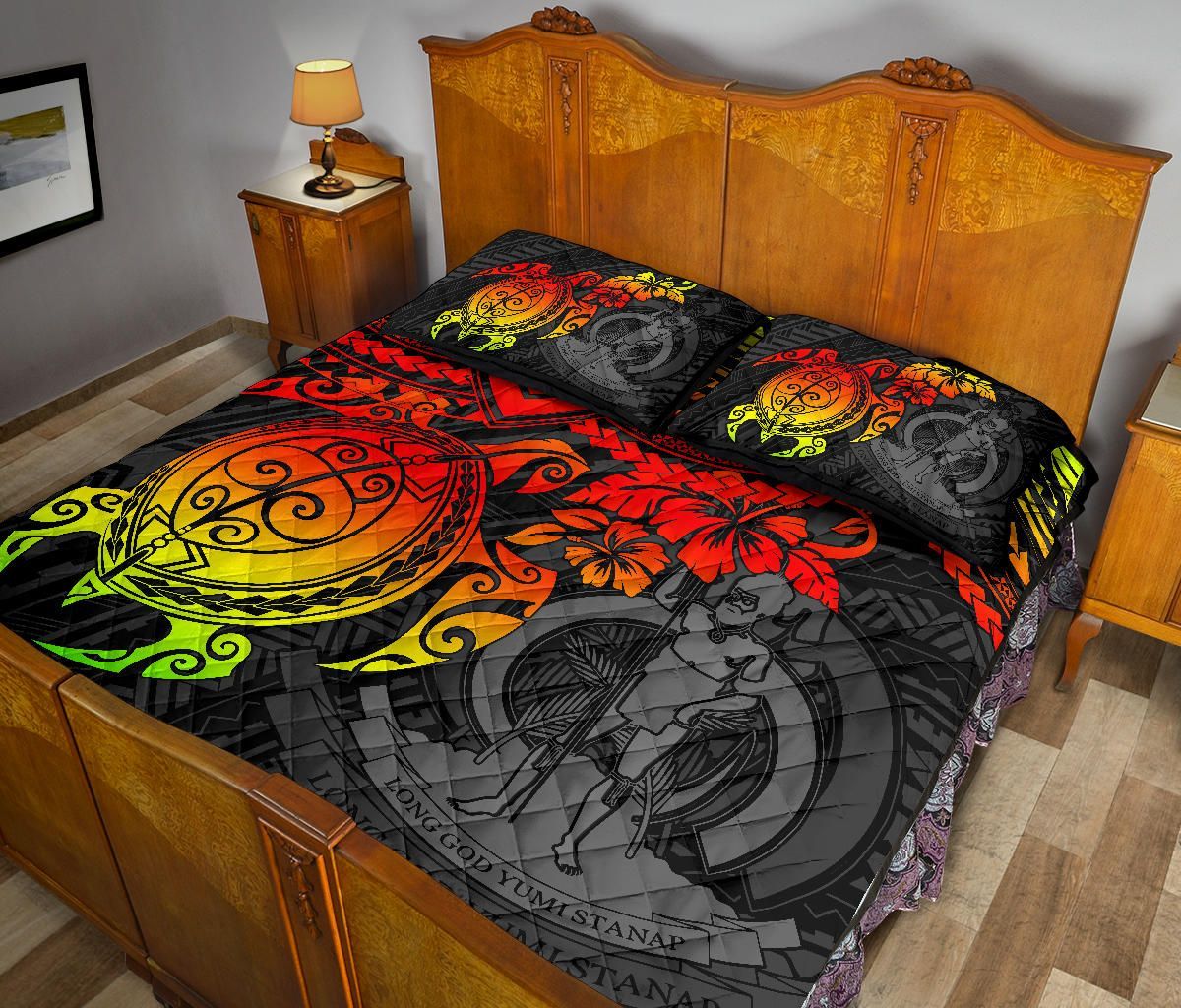 Vanuatu Polynesian Quilt Bed Set - Vanuatu Coat Of Arms & Reggae Turtle Hibiscus