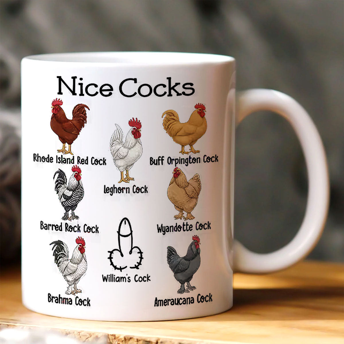Nice Cocks Funny Rooster Pun - Personalized Ceramic Coffee Mug