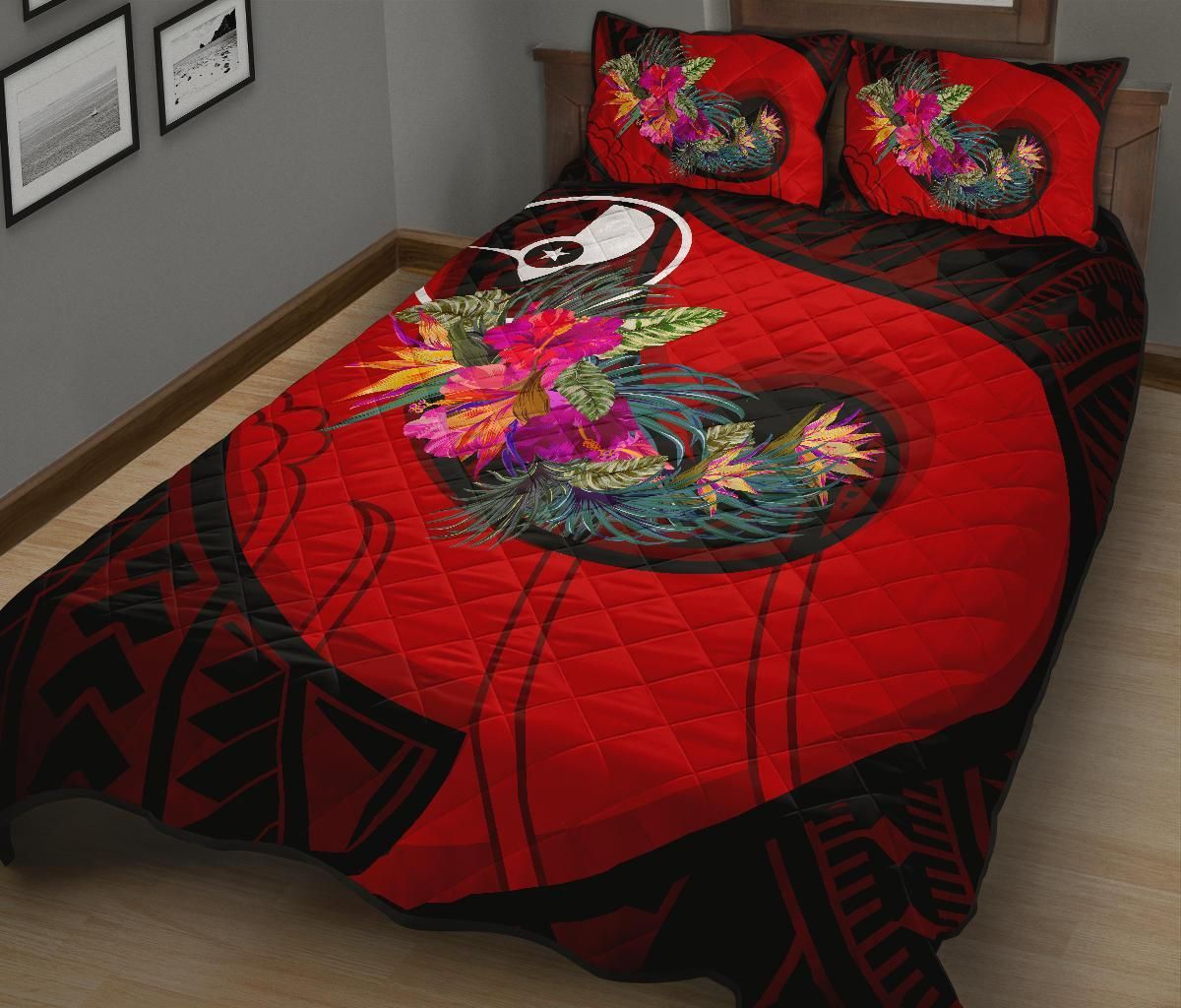 Yap Quilt Bed Set - Polynesian Hook And Hibiscus (Red)