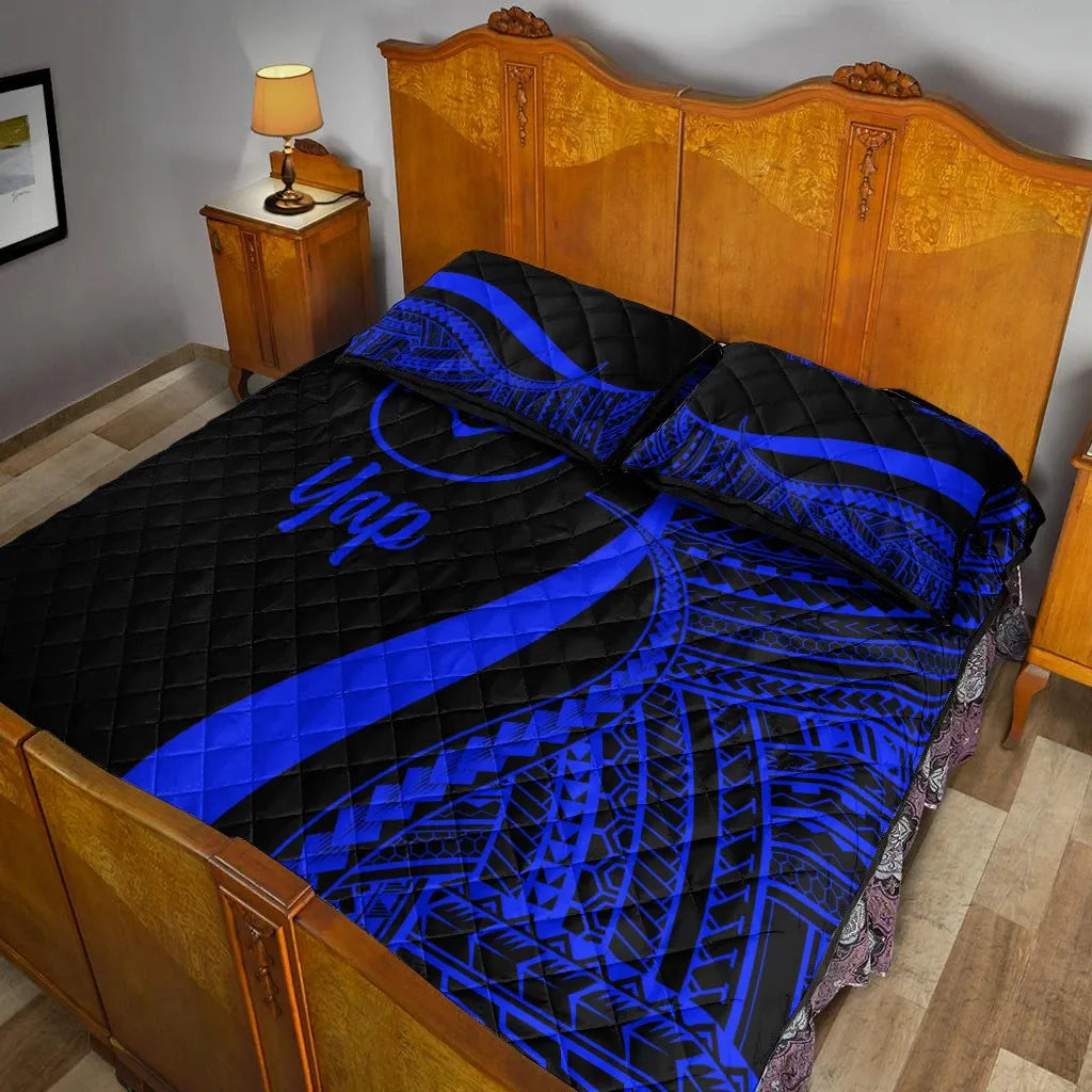 Yap Quilt Bed Set - Blue Polynesian Tentacle Tribal Pattern