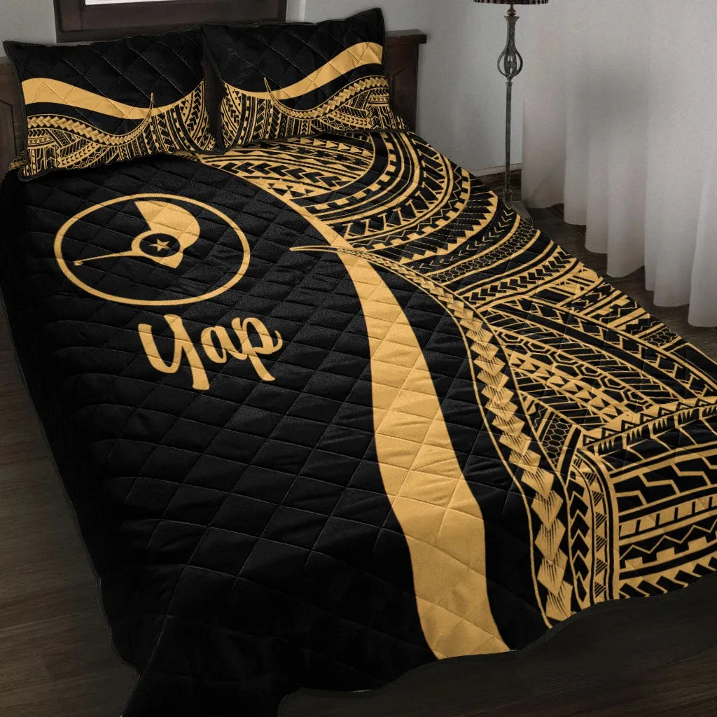 Yap Quilt Bed Set - Gold Polynesian Tentacle Tribal Pattern